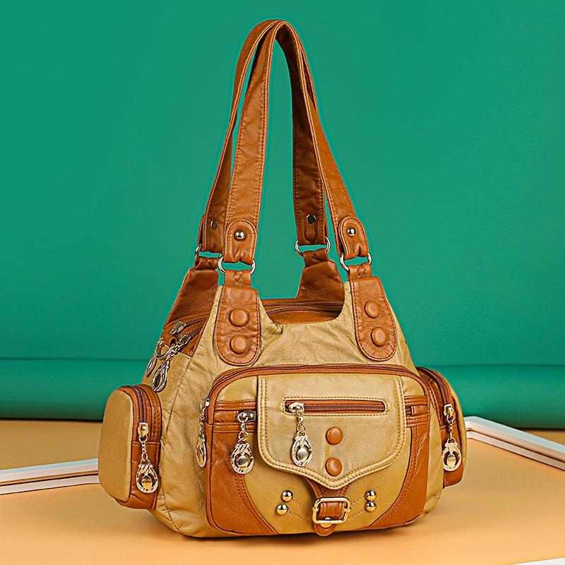 Contrast Bag, Rivet, Washed Leather, Women's Bag, Shoulder Crossbody, Portable Soft Leather, Large Capacity, Multilayer.