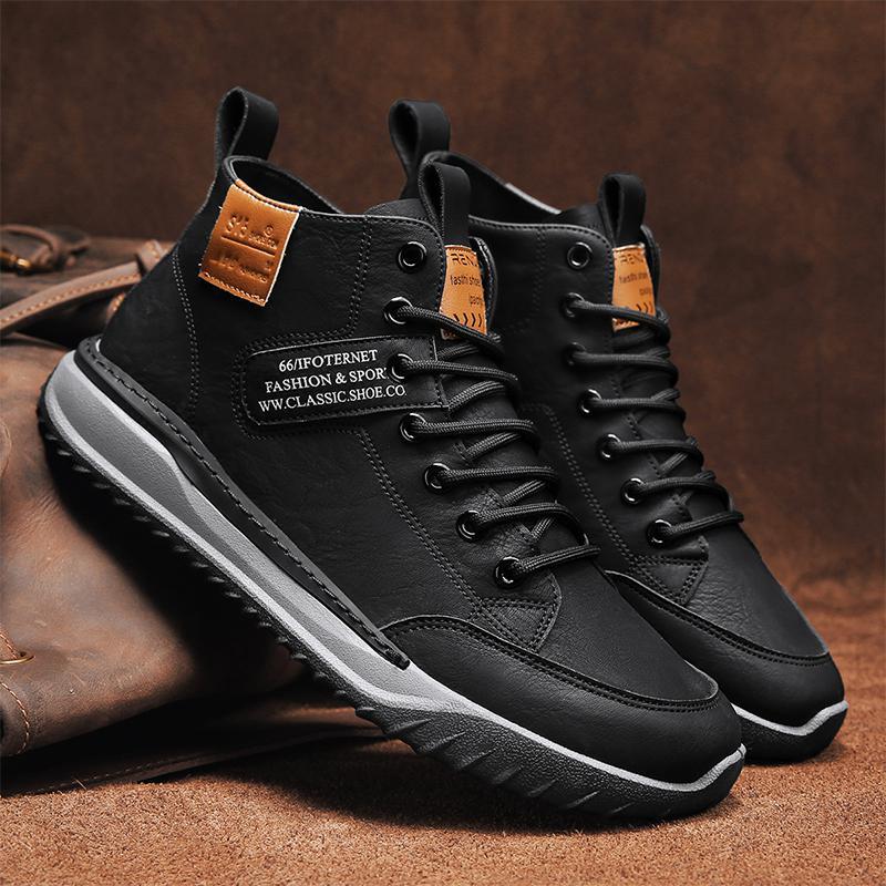 

Fashion Leather Men s Sneakers Luxury High Top Casual Shoes for Man Lace-Up Flat Shoes Ankle Boots Fashion Skate Shoes Men Breathable 44 чёрный