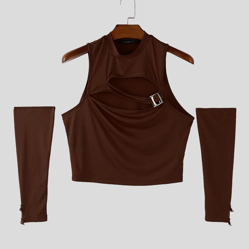 INCERUN Men Mockneck Sleeveless Cutout Casual Fitted Crop Tank Tops with Oversleeve