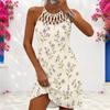 Women Plus Size Criss Cross Cutout Halter Neck Sleeveless Floral Printed Fitted Curved Hem Dress
