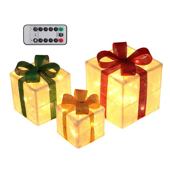 3 Stück Weihnachtsgeschenkboxen mit Beleuchtung und Schleife LED Leuchtende Geschenkboxen für Innen- und Außenbereich Zuhause Veranda Weihnachtsbaum Partydeko