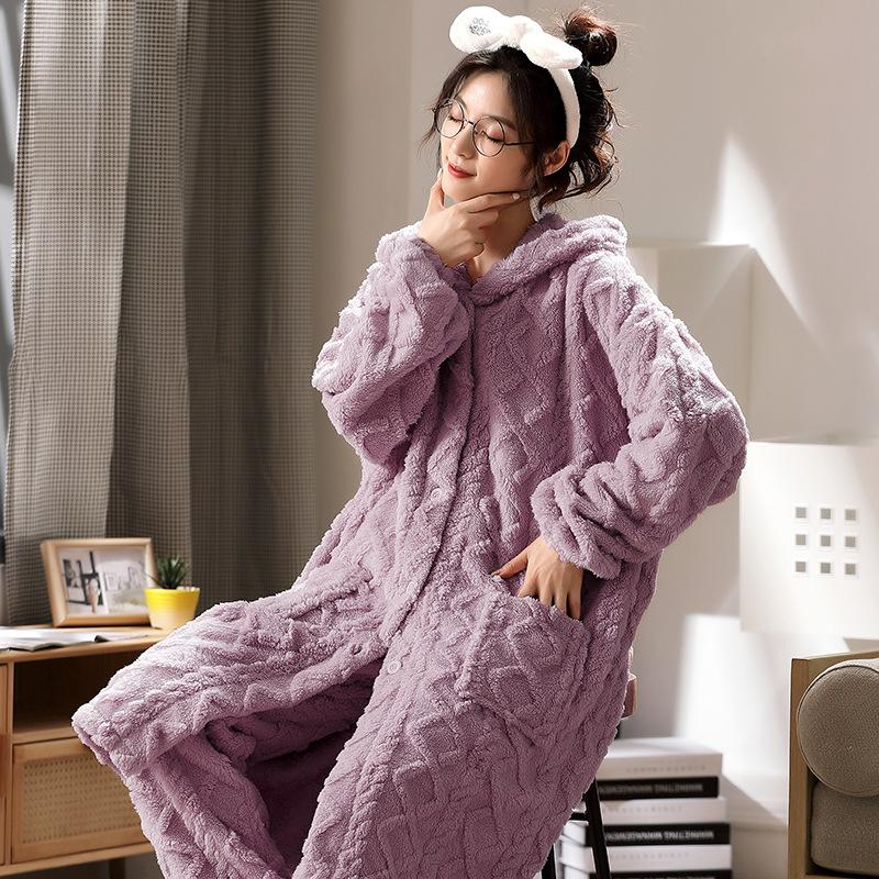 Women's Flannel Pajamas, Coral Velvet Hooded Pajamas, Warm and Long Home Clothing That Can Be Worn Externally