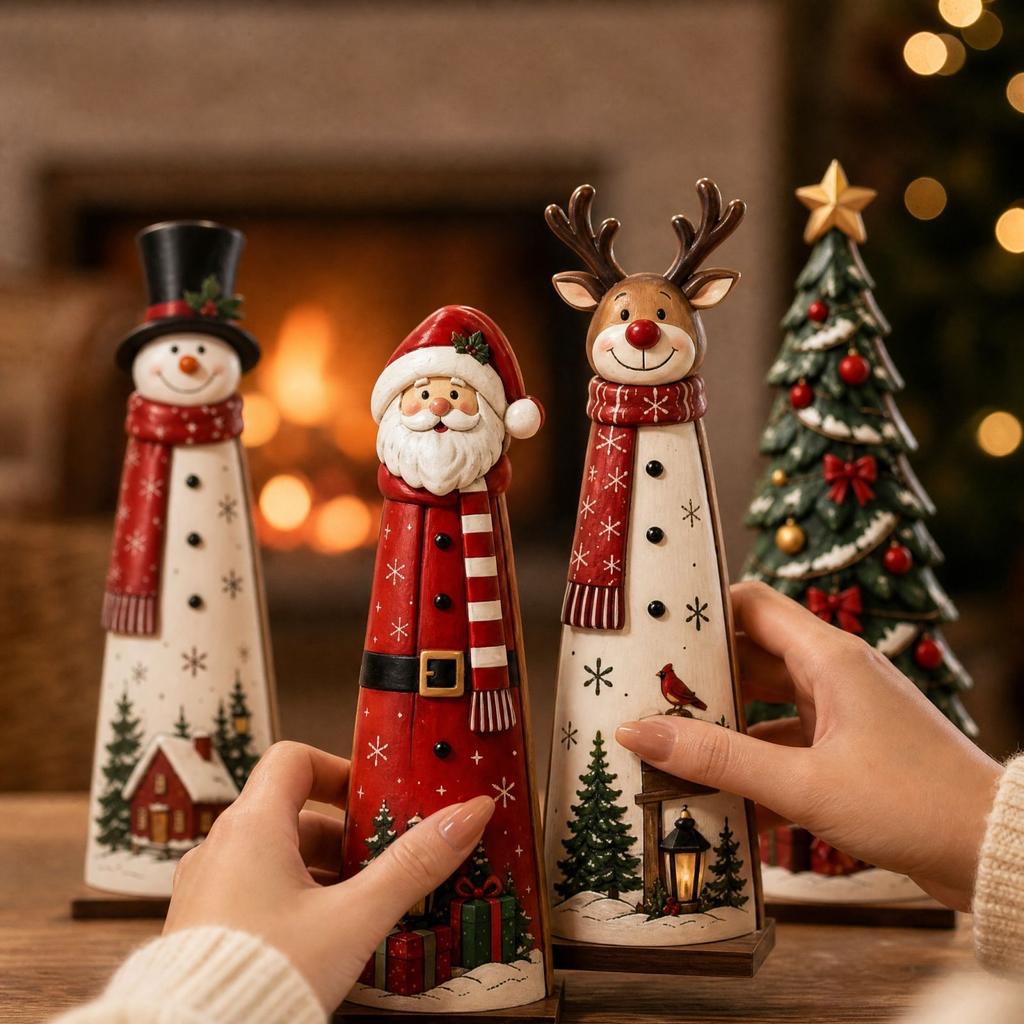 4-Piece Christmas Wooden Decorations Set for Holiday Tabletop and Home Display