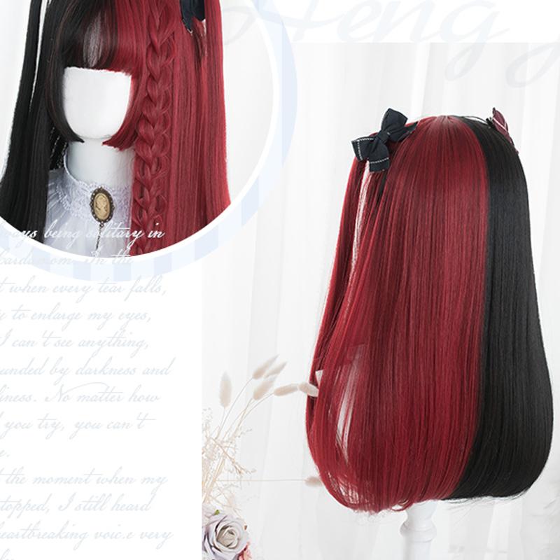 Rot-Schwarz-Blond-Weiß-Synthetik-Lolita-Perücken für Frauen, lange, glatte Perücke mit Pony, Genshin Impact Cosplay-Perücke