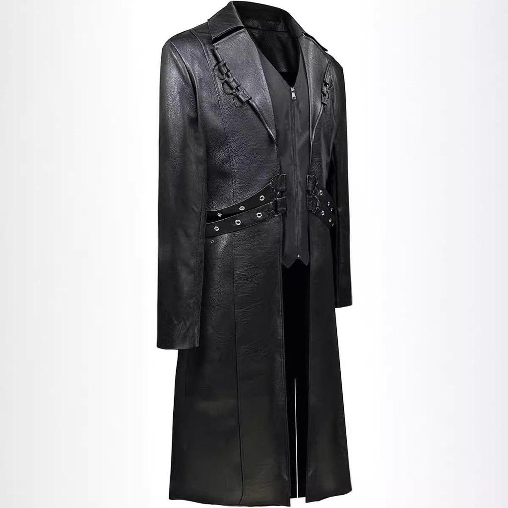 European & American Mid-length PU Leather Trench Coat - Steampunk Gothic Medieval Style for Men