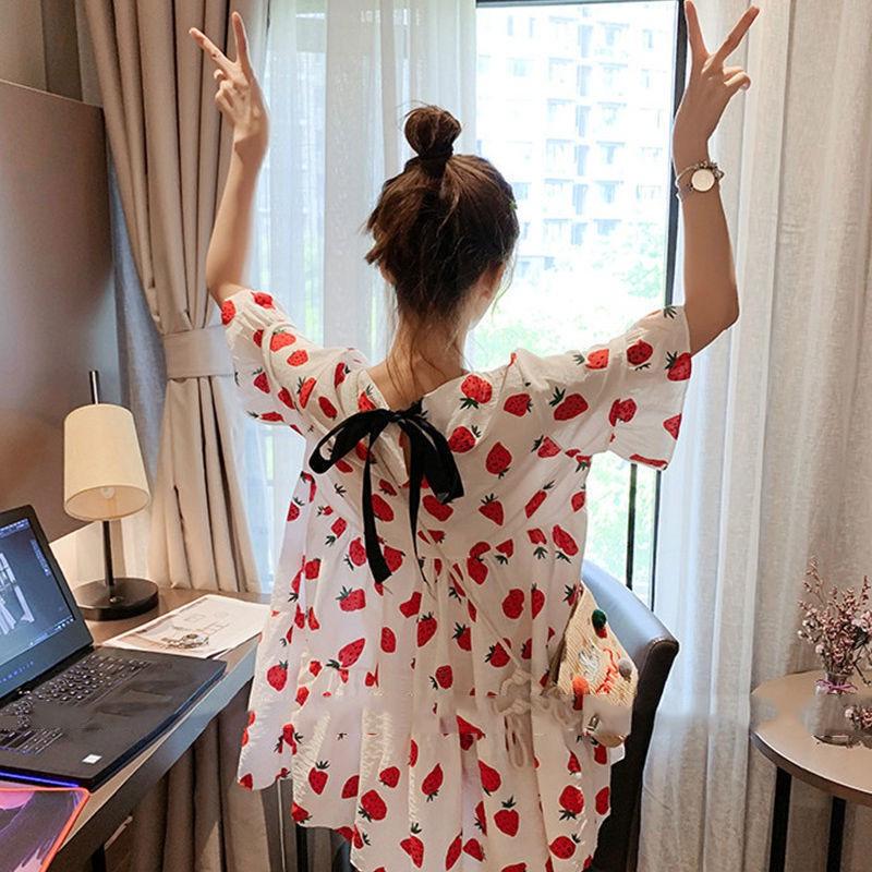 Korean Style Strawberry Maternity Mid-Sleeve Dress, Summer 2024: Loose, Stylish, Belly-Covering Dress for Expectant Mothers.
