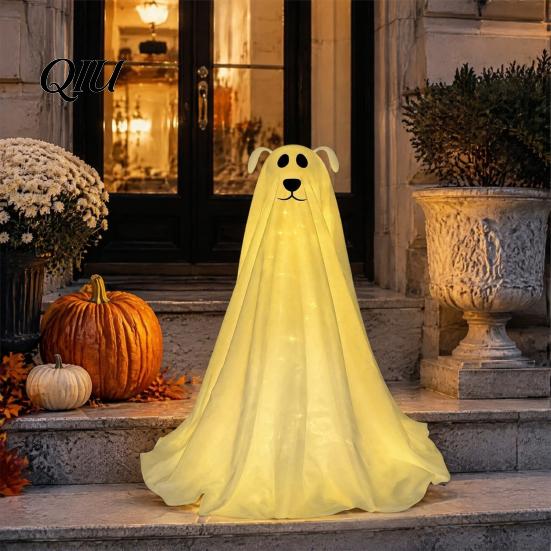 Whimsical Halloween Home Decor Lighted Ghost Dog Decoration, Battery Operated Freestanding Spooky for Entryway with Remote And String Light