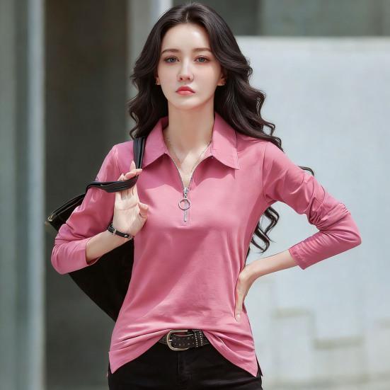 Women T-shirt Lapel Zipper Half Placket Long Sleeve Pullover Tops Solid Color Slim Fit Stretchy Casual Tee Shirt Work Party Vacation Daily Wear