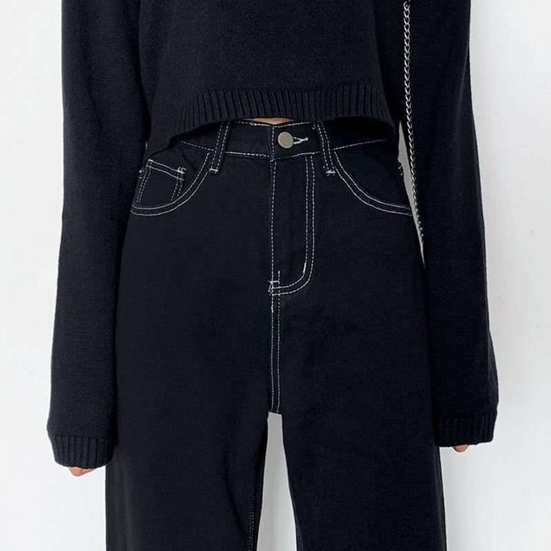 Jeans da donna harem neri dritti primavera autunno nuovo stile preppy gioventù decorazione linea luminosa larghi a vita alta pantaloni casual