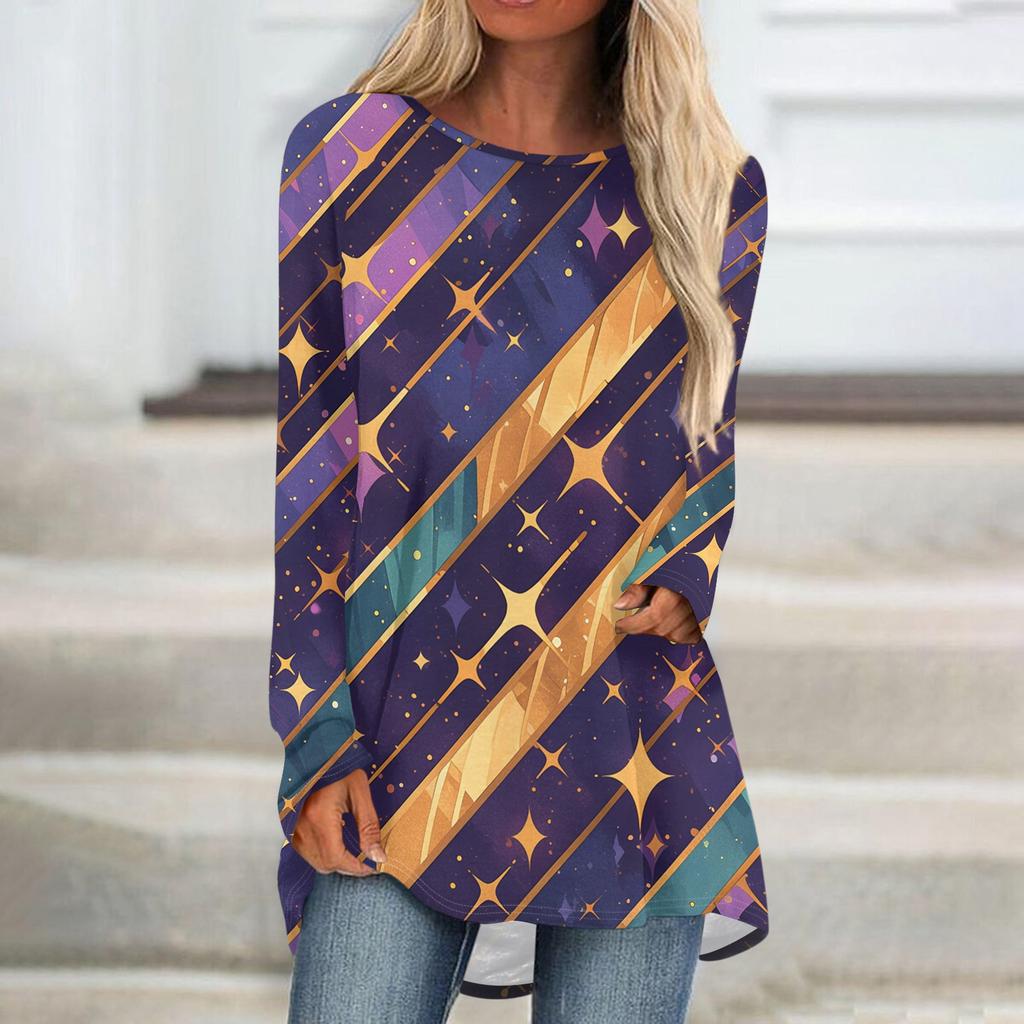 Women's Fashionable Round Neck Raglan Long Sleeved Carnival Printed Casual Pullover Top