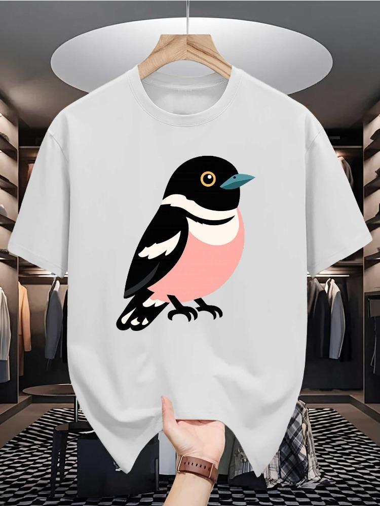 Unisex Summer Crew Neck Short Sleeve T Shirt Cute Cartoon Pink Belly Bird Print Casual Loose Fashion Streetwear Daily Basic Top