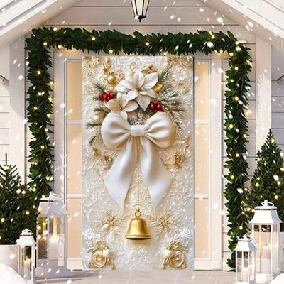 Yousheng Christmas Door Cover 35x79in Stretchable Fabric Front Door Cover Decorative Bow And Bell Porch Sign Banner for Indoor Outdoor Home Decor