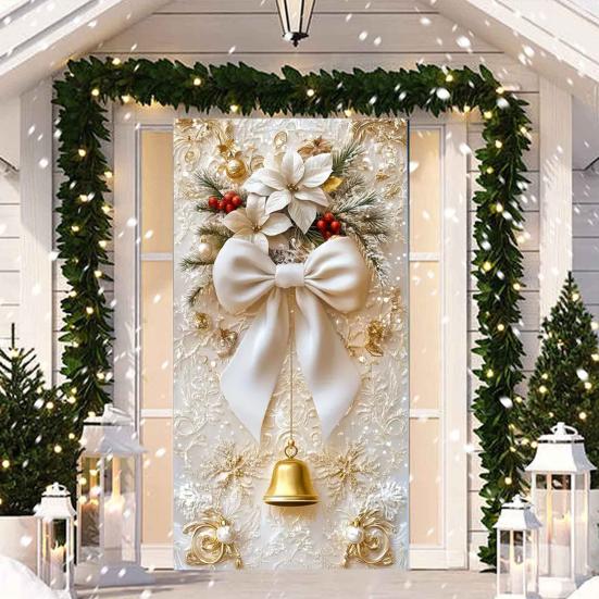 Yousheng Christmas Door Cover 35x79in Stretchable Fabric Front Door Cover Decorative Bow And Bell Porch Sign Banner for Indoor Outdoor Home Decor