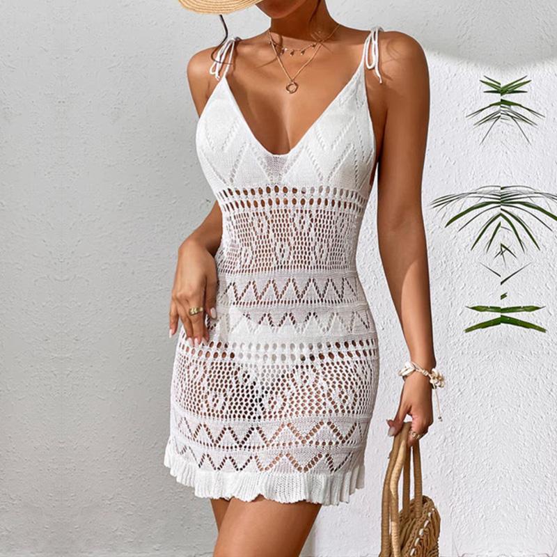 

Summer Beach Mini Dress Lady Sexy Deep V Hollow Out Mesh Pullover Women s Knitted Sweaters See Through Casual Slim Sling Dresses One Size