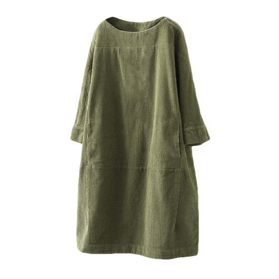 Hochwertiges, großes Damen-Herbst- und Winterkleid, lässig, warm, einfarbig, Taschen, Cord, lockeres Midi-Kleid