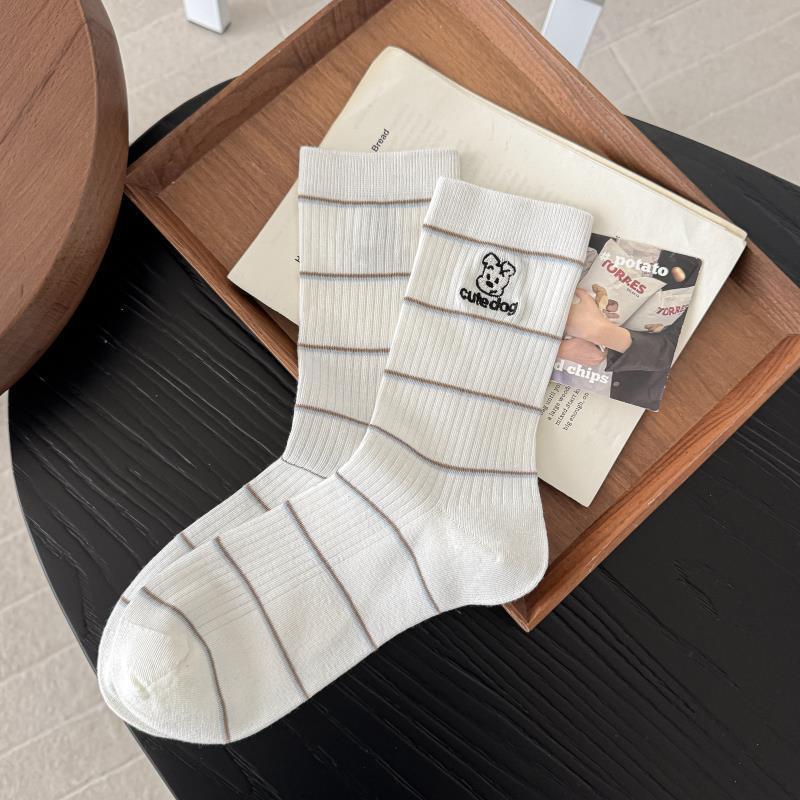 Spring & Summer Korean Style Cartoon Embroidered Puppy Mid-Calf Socks - Women's Academy Stripes Slouch Socks