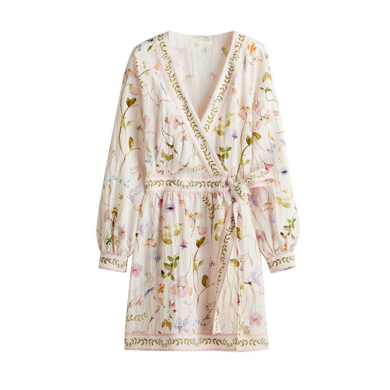 

Summer Women s Clothing French Lazy Style Unlined V Neck Lantern Long Sleeve Stomach Blanket Style Dress 1265585 Cream color L