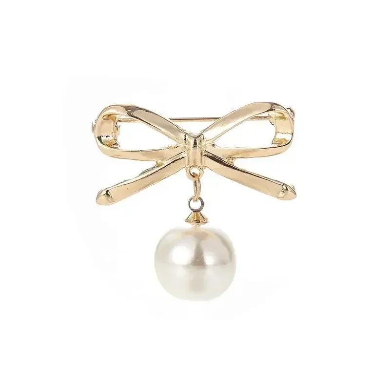 Elegant Simple Bow Brooches Women Bowknot Pin Pearl Pendant Safety Lapel Pins Wedding Jewelry Body Accessories Creative Brooche