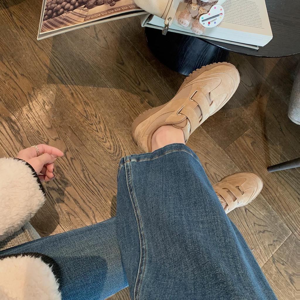 Cowhide version grape mother round head double Velcro casual shoes leather inner height increase lazy German training shoes women's Forrest Gump shoes