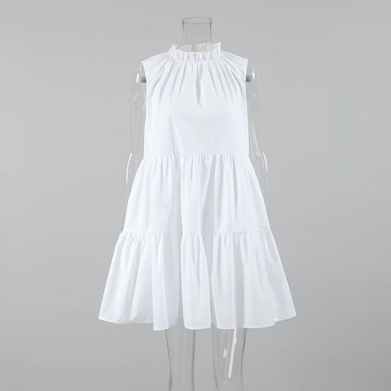 

European and American Sexy round Neck Lace-up Loose Dress Splicing round Neck Neck Lace up Dress White S