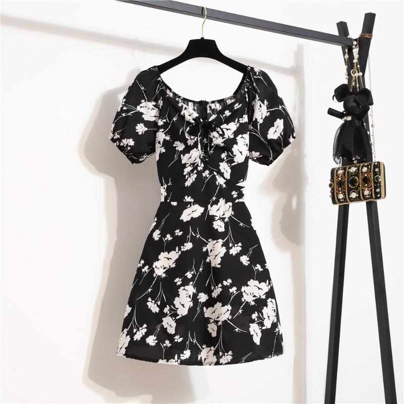 Women Chiffon Mini Dresses Summer Fashion Female Vestidos Skinny Print Floral Shirring Pleated Short Puffy Sleeve Casual Dress S чёрный