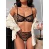 French Heart Print Transparent Lingerie Set Ultra Thin Underwire Bra Lace Sexy Push Up Gathering Small Breast Boost Hot Selling