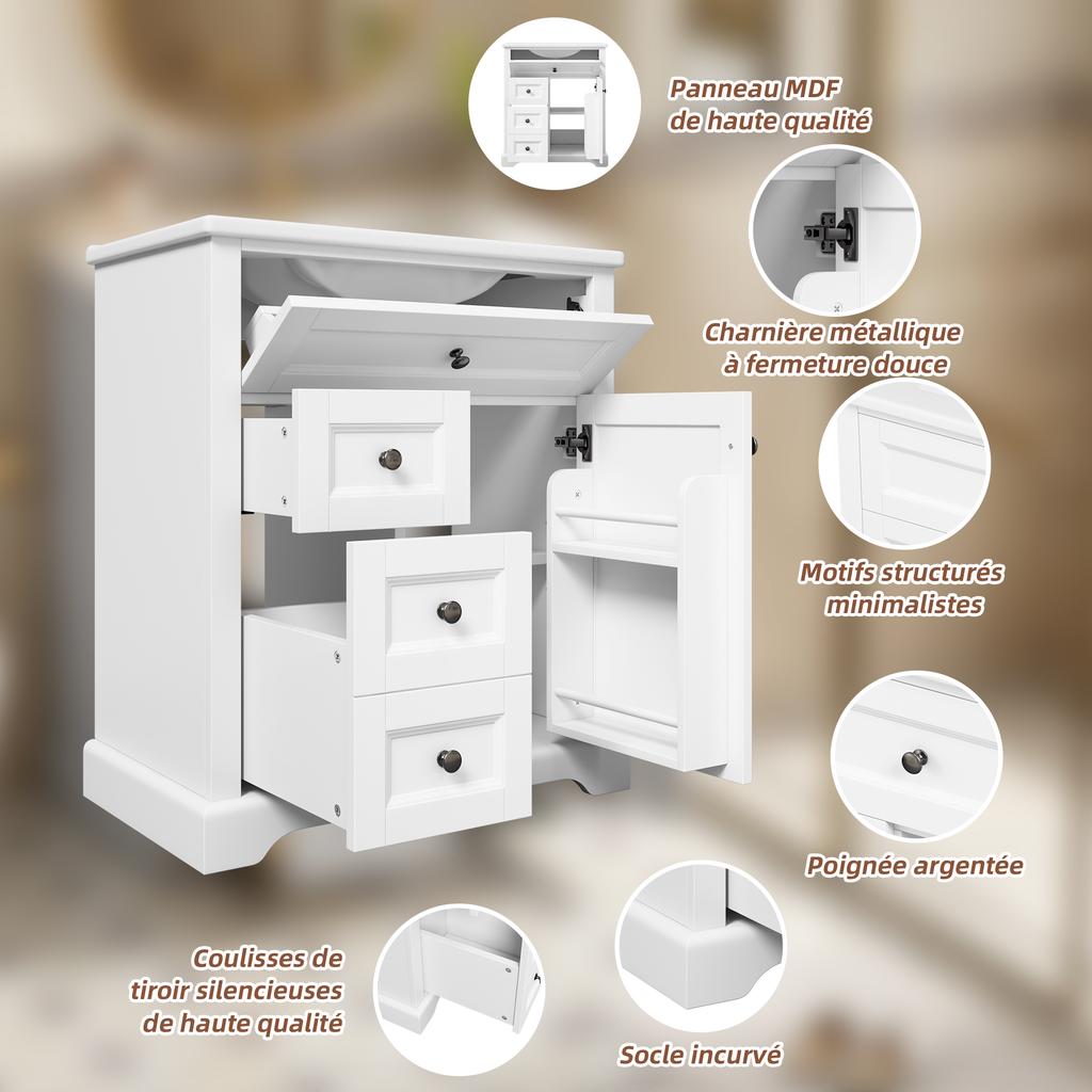 76X46x87cm freestanding bathroom washstand, moisture-resistant coating, adjustable storage space in cabinet and integrated ceramic washbasin, white.