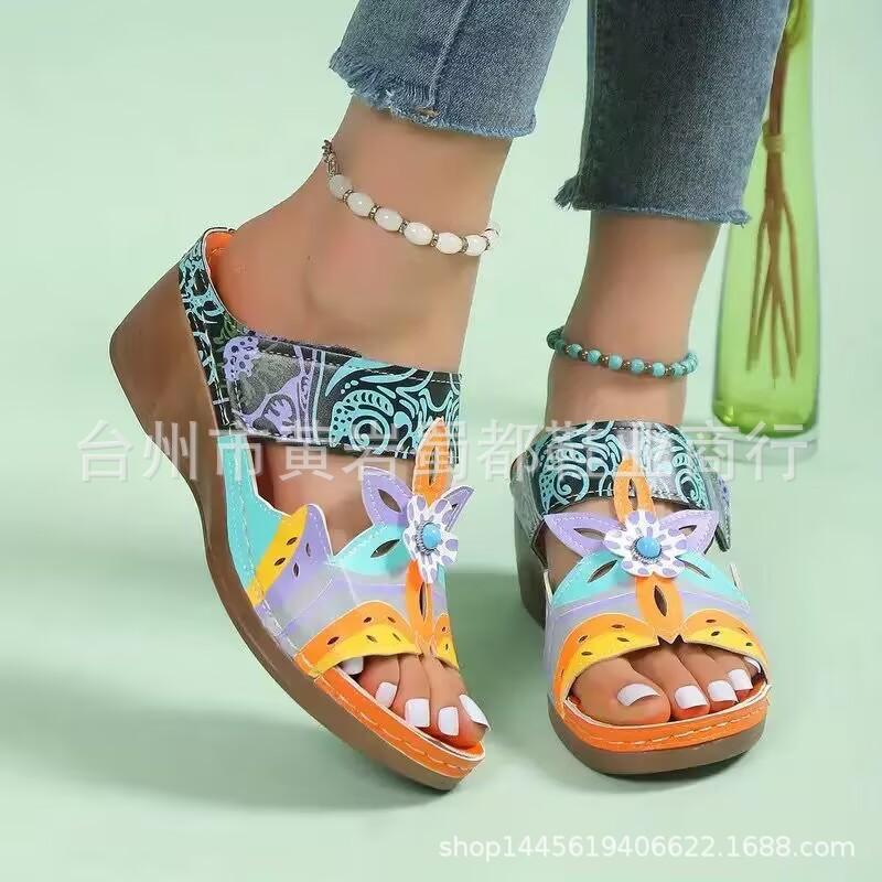Sandale noi de exterior cu toc pană, sandale de vară pentru femei, cu totem în culori asortate, mărimi mari, papuci cu strasuri cu talpă groasă