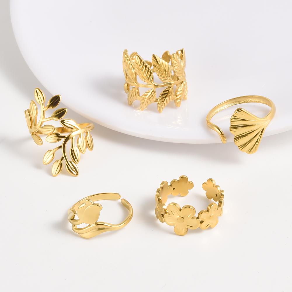 1/6pcs Plant Ring Ginkgo Leaf Tulip Flower Stainless Steel Open Adjustable Rings For Women Men Jewelry Personality Ring Anillos