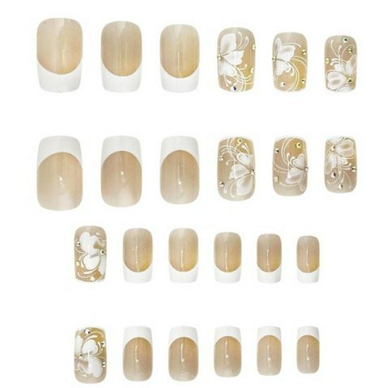 Trendy White French Flower Rhinestone False Nail Set with Glitter