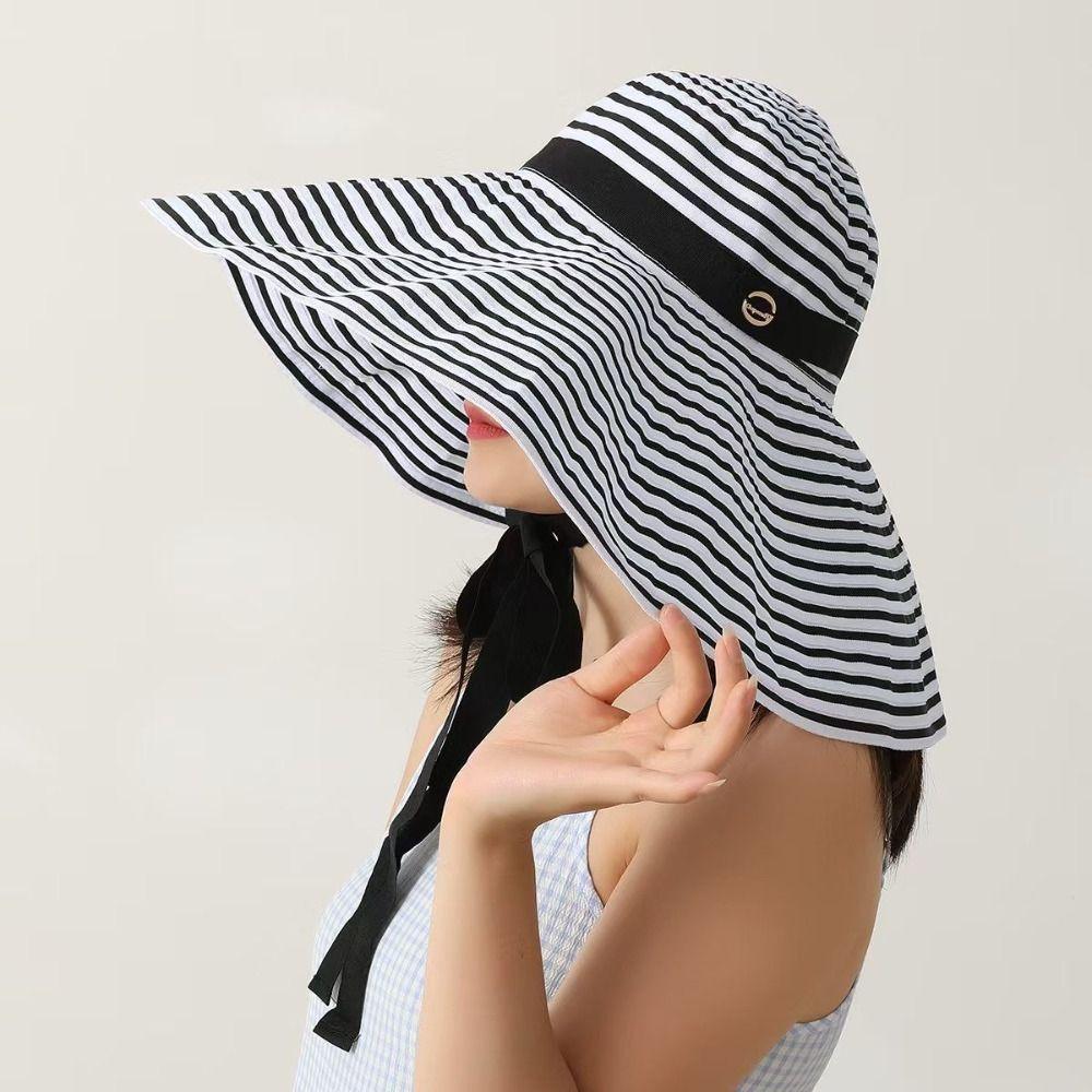 with Windproof Strap Women Striped Fisherman Hat Solid Color Sunshade Hat Summer Sun Hat Travel