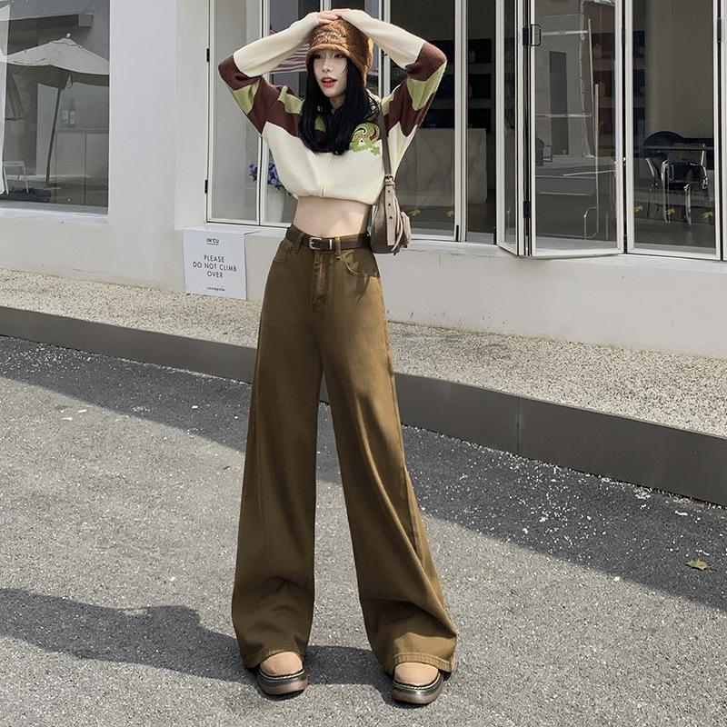 2024 Autumn/Winter Maillard Wear High Waist Wide Leg Jeans Women'S American Casual Versatile Floor Pants