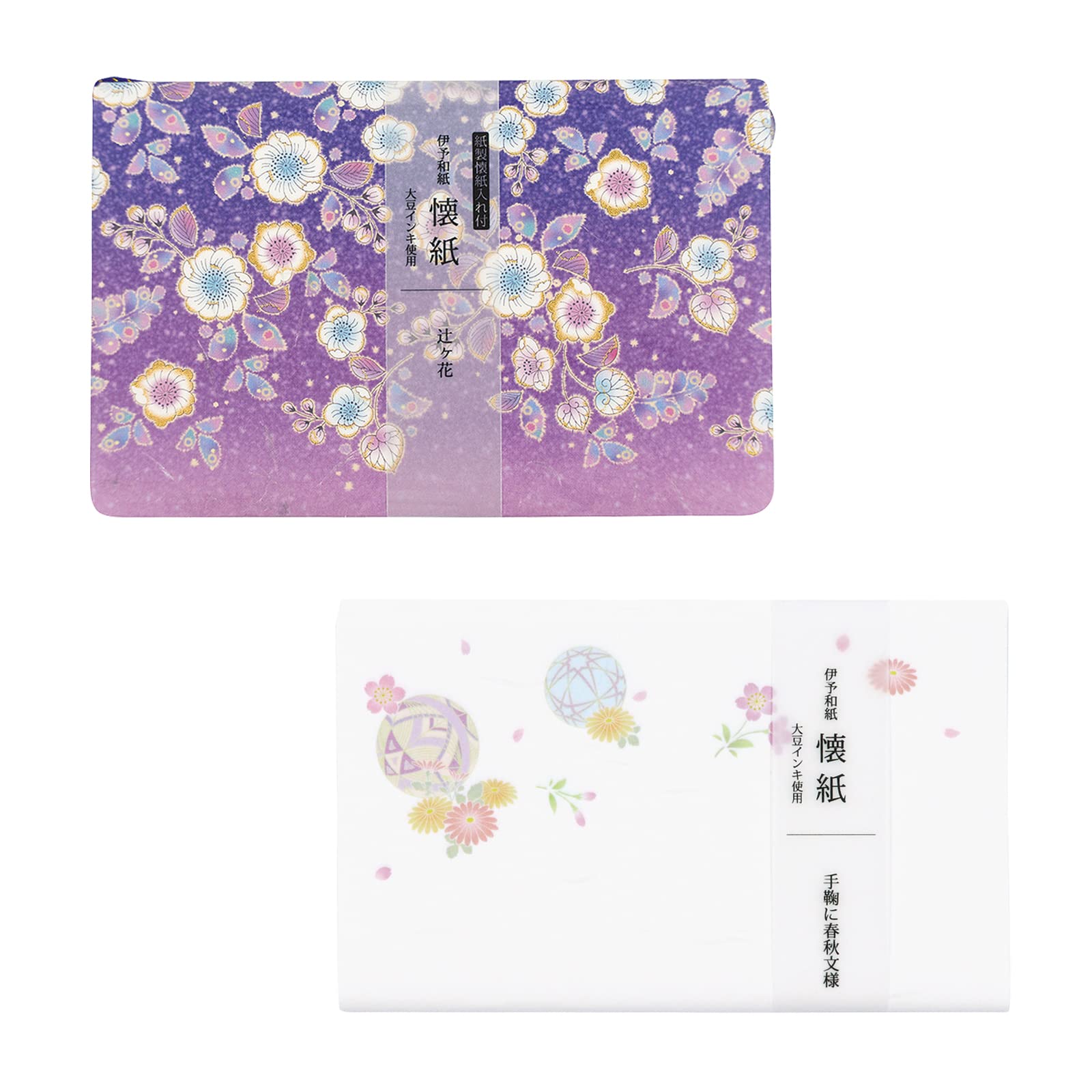 

Kamiiso Sansho Kimono Beauty Iyo Washi Paper with Case (1 piece) and 2 pieces, Tsujigahana and Temari with Spring and Autumn Motifs, 17.5 x 14.5 cm,