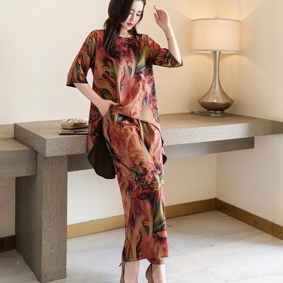 2Pcs/Set O-Neck Half Sleeve Casual Outfit High Low Hem Elastic Waistband Pockets Women Retro Pattern Long Top Wide Leg Pants Set Streetwear