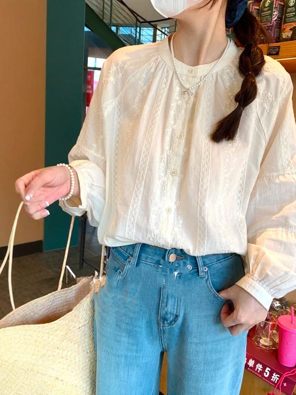 

Блузка с длинным рукавом из хлопка в корейском стиле с вышивкой - Женская повседневная жаккардовая рубашка для весны/лета M грязно-белый