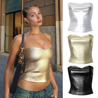 Sexy Bandeau-Tops für Damen, Hot Stamping, schmale Passform, Tube-Tops, trägerlos, ärmellos, einfarbig, lässig, mit Nabel