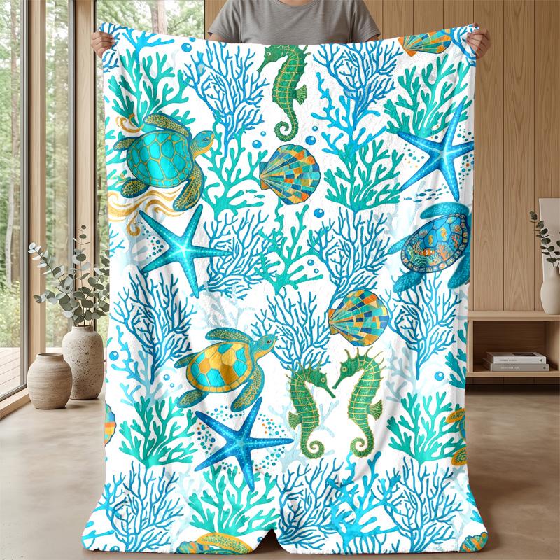 Ocean Life Pattern Theme blanket Lightweight Warm Flannel Blanket Decorative Throw Blanket for Home Decoration