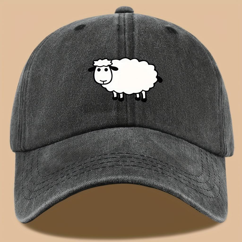 Lamb print truck cap with adjustable retro wash design suitable for outdoor activities, vacations, hiking, fishing