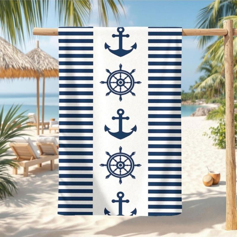 1pc of Navy Blue Striped Beach Towel Featuring an Anchor And Steering Wheel Design, It Has a Classic Nautical Style with