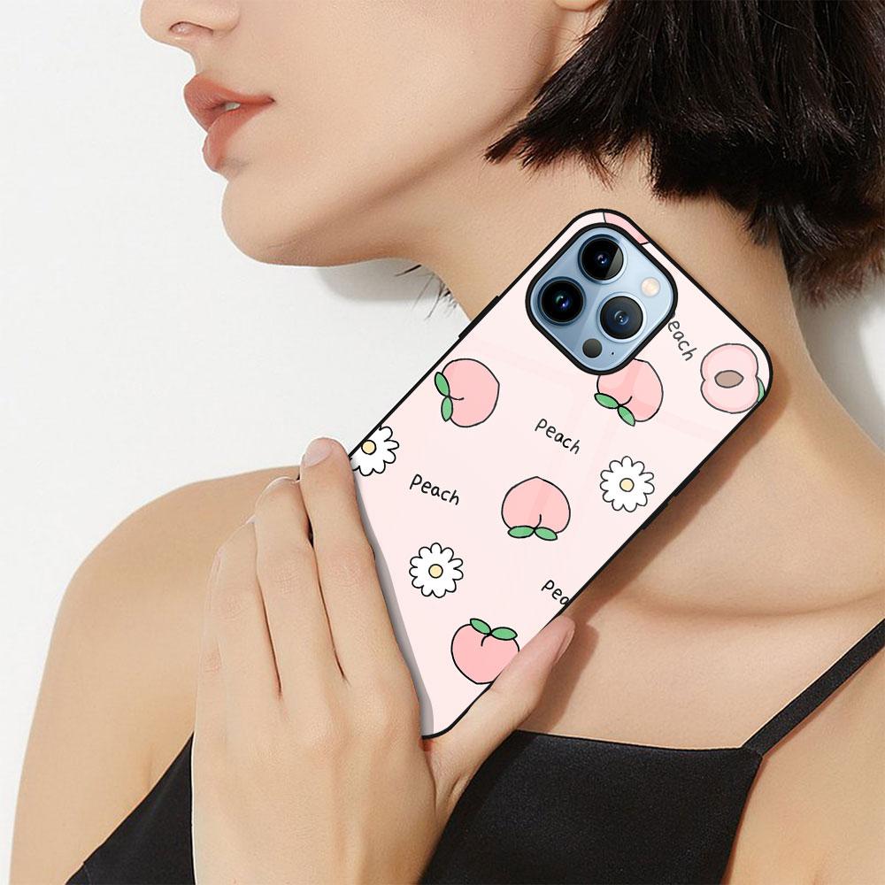 Θήκη ροδάκινου Cartoon Flowers για Iphone 14pro Max 13 12 11 Mini Xs Xr X 7 8 6s Plus Se 2022 Tempered Glass Protection Back cover