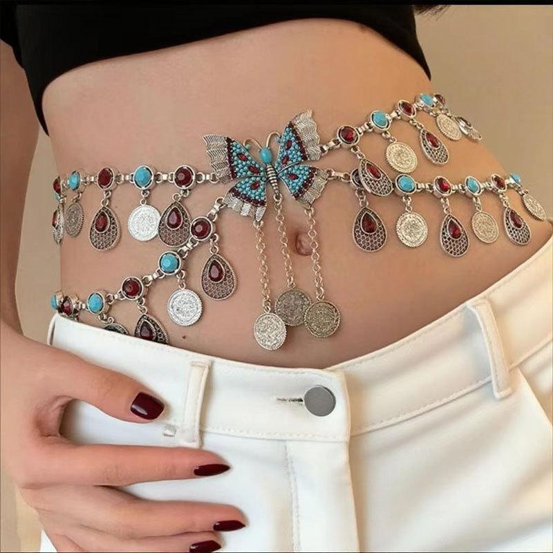 Ethnic Style Metal Retro Coin Waist Chain Women'S Adjustable Dress Waist Seal Love Butterfly Flower Fringed Belt
