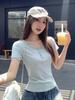 Pure Lace Edge U-neck Short-sleeved T-shirt Women's Summer New Clavicle Button Slim-fitting Bottom Top