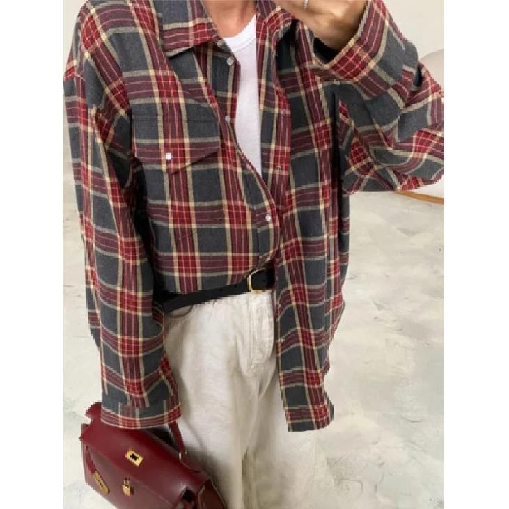 Retro Style All-Matching Lapel Loose Shirt 2025 Spring and Autumn Plaid Long Sleeve Pocket Women's Shirt