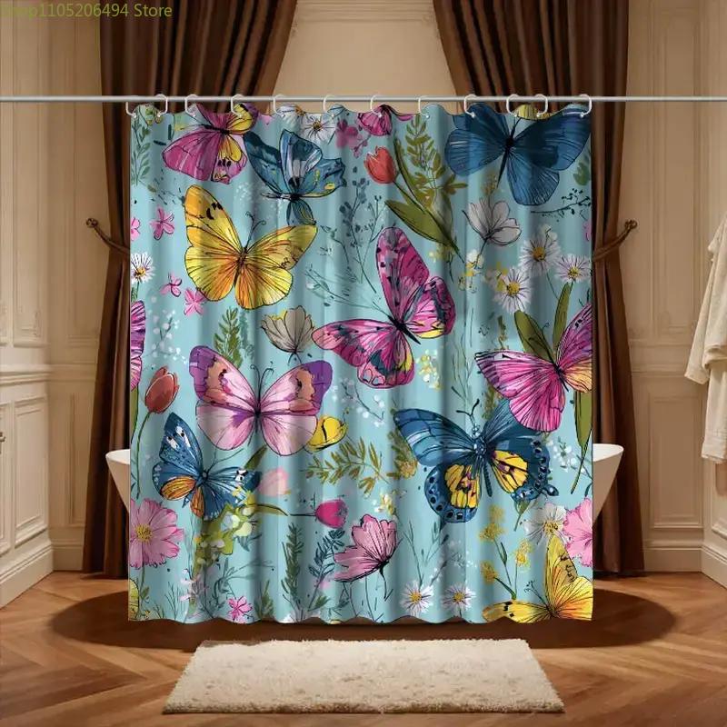 1pc Bathroom Shower Curtain, Butterfly Garden Visit Experience, Anniversary Shower Curtain, Includes 12 Hooks, 180x180cm Bathr