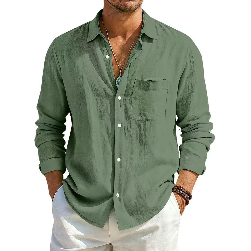 Camicia Estiva da Uomo a Maniche Lunghe Tinta Unita Larga in Cotone e Lino con Tasche Estiva Traspirante Moda Casual Camicie per Uomo