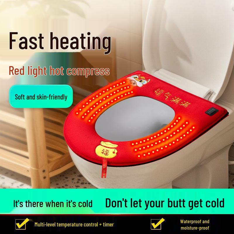 Red Festive Heated Toilet Seat Cushion for New Year & Weddings Full of Blessings