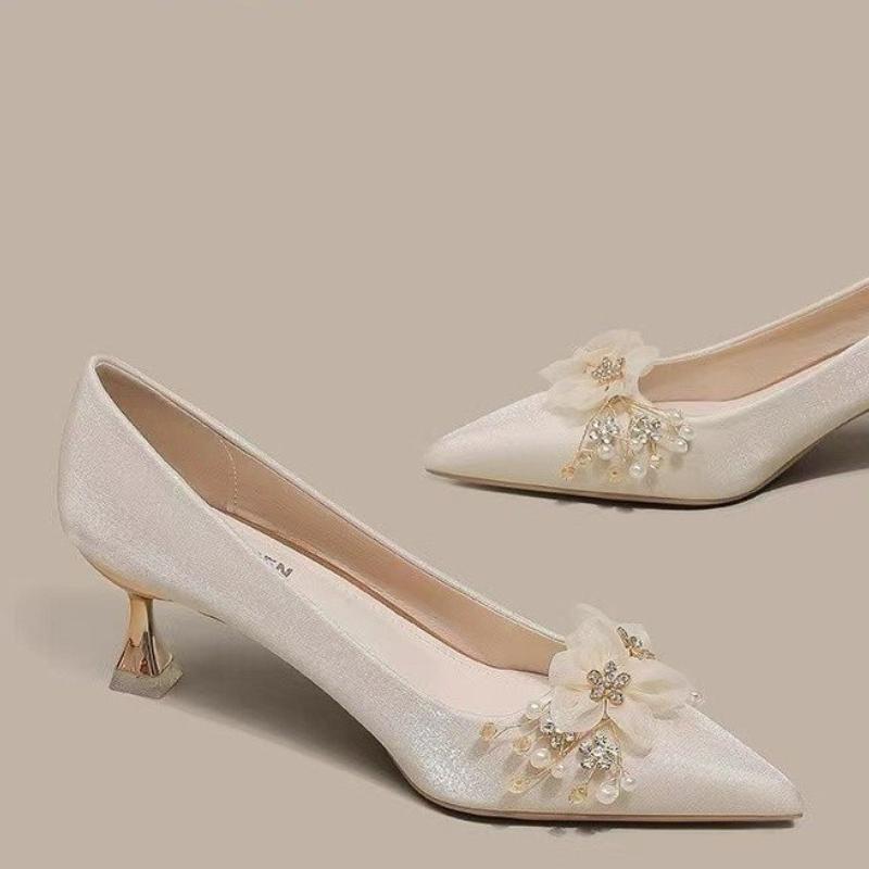 Flower Pearl Women High Heels Shoes Crystal Luxury Sandals Elegant 2025 Trend New Summer Pointed Toe Shoes Woman Pumps Zapatos