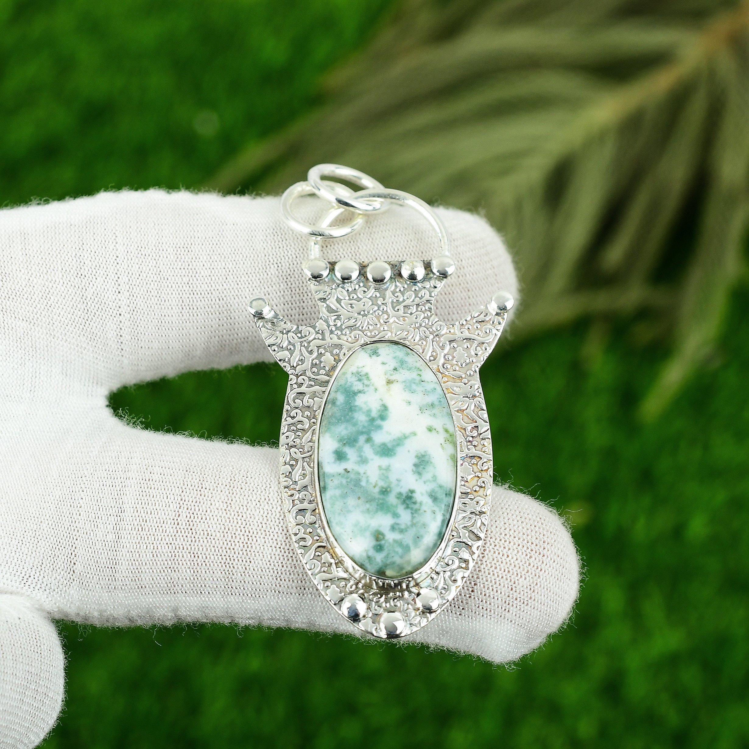 Tree Agate Gemstone Art Deco Handmade Daughter Bezel Pendant 925 Sterling Silver