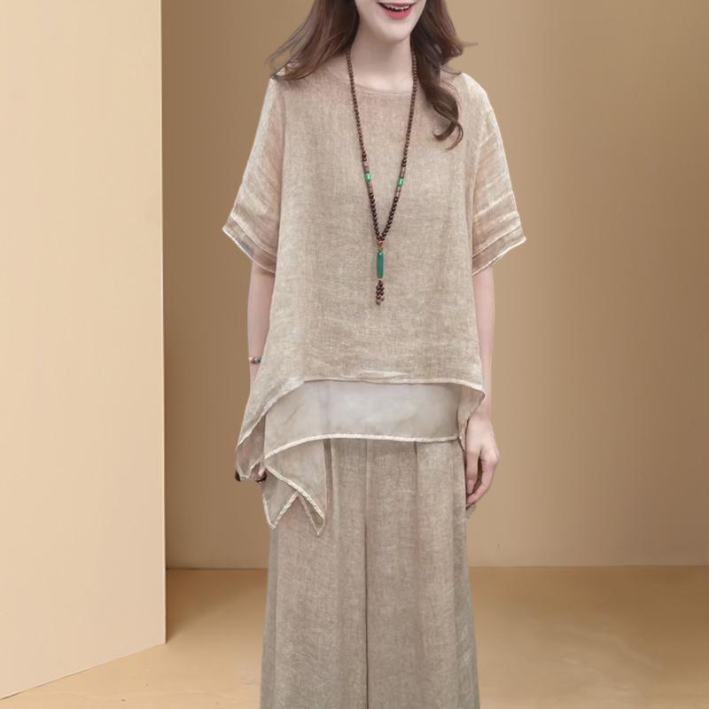 Women Vintage Wide Leg Trousers Suits Casual Patchwork Blouse Pants Sets 2PCS Loose Suit Plus Size