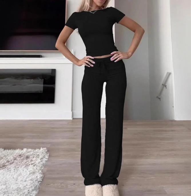 Spring 2026 Women's Solid Color Casual Two-Piece Set - Short Sleeve Top & Long Pants